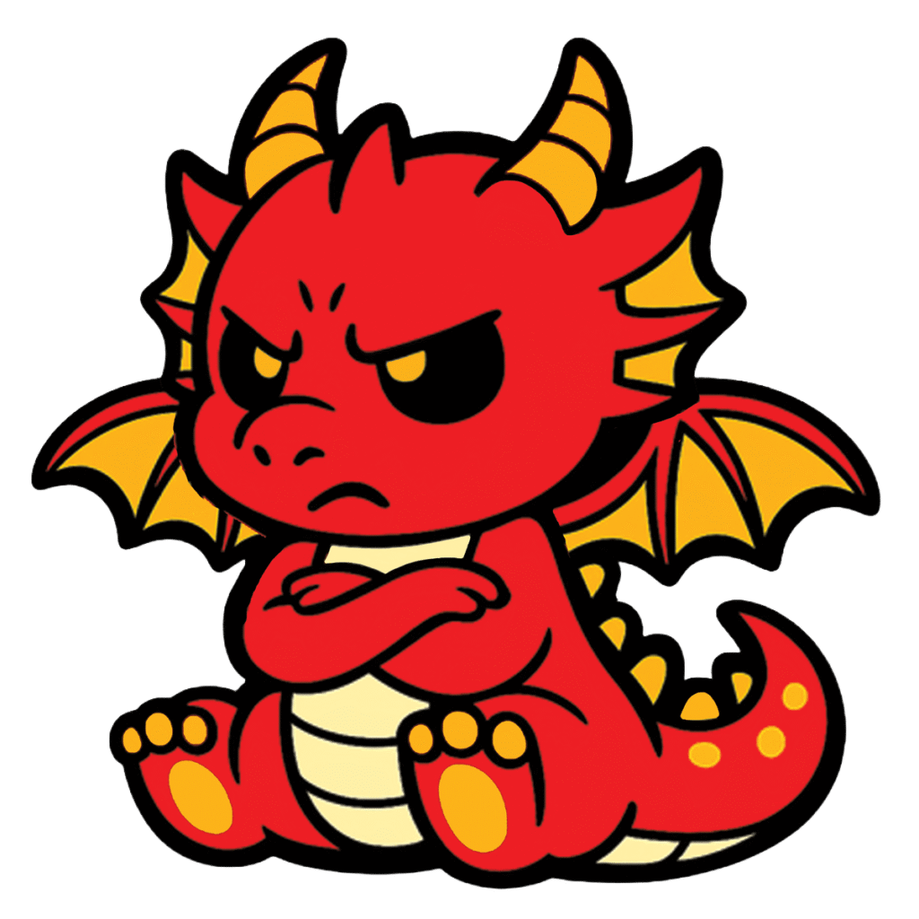 Illustration of Aelorion, the grumpy Red Dragon, with arms folded